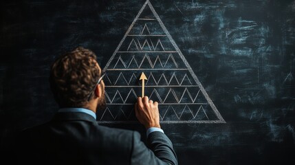 structure of company organization businessman drawing pyramid and arrow on chalkboard