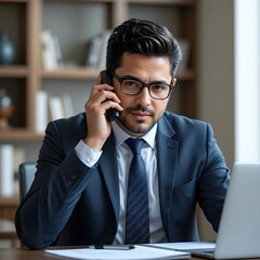 Un hombre hispano está hablando por teléfono mientras discute un contrato importante.