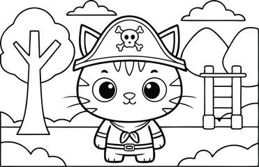 Cute Cat Pirate Outline with Pirate Hat and Landscape on Transparent Background