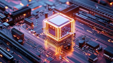 Obraz premium Glowing CPU on Motherboard, Tech Background - Artificial Intelligen.