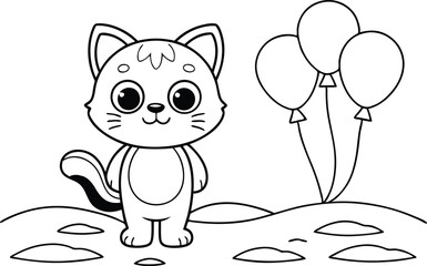 Cartoon Kitten with Balloons on Landscape Outlined Against Transparent Background