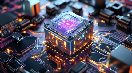 Fototapeta premium Futuristic CPU Chip on Motherboard - Cyberpunk aesthetics