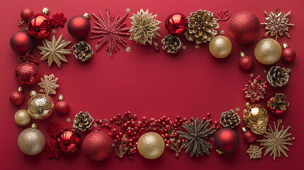 A festive Christmas flat lay with a red background, decorated with red and gold ornaments, snowflakes, and baubles arranged symmetrically around the edges. The ornaments include matte and shiny textur
