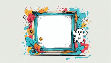 Halloween  Frame with  Ghost and Floral Design