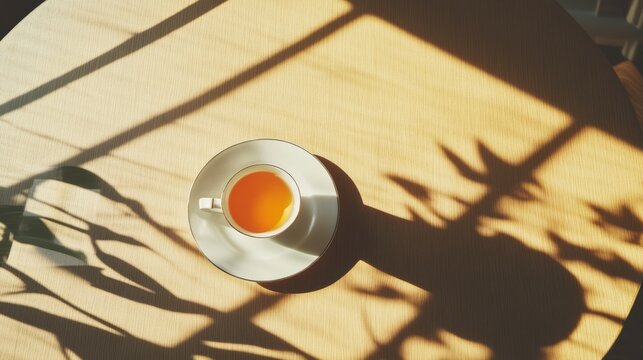 Minimalist Tea Ritual with Sunlight and Shadows on Wooden Table