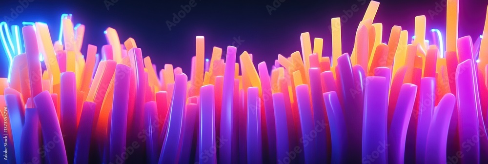 Poster floating french fries illuminated by neon purple and blue lighting in dynamic action captured throug
