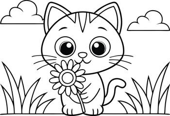 Cute Outline Cartoon Kitten Holding Flower Between Grass With Clouds
