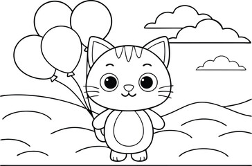 Cute Cartoon Cat with Balloons in a Whimsical Landscape Outlines Transparent