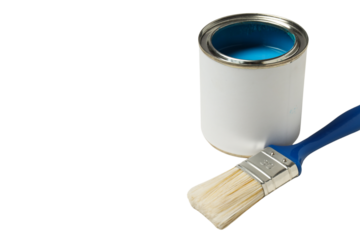 A blue paint can with a brush, isolated on white, PNG
