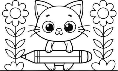 Outline Cartoon Kitten Hugging Pencil with Flowers, Line Art on Transparent