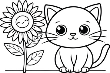 Cartoon Cat and Sunflower Outline with Smiling Face in Transparent Background