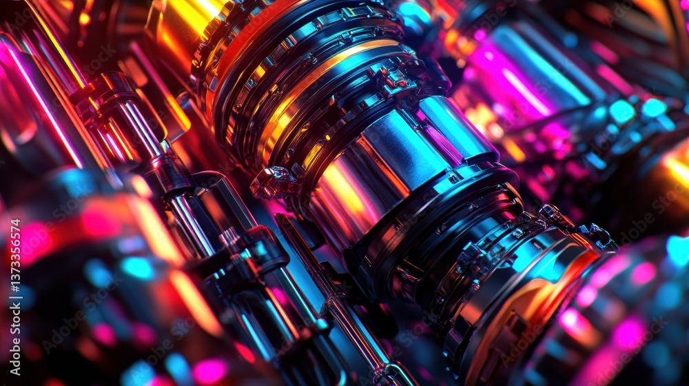 Aufkleber Close-up view of an engine piston with flowing gasoline and vibrant neon highlights showcasing high-tech automotive design