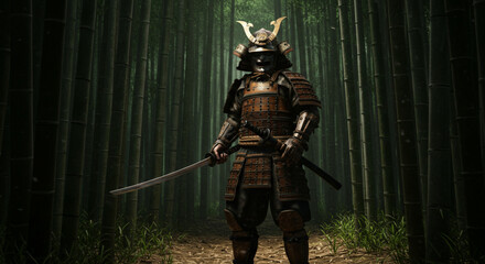 Samurai concept, warrior in bamboo forest, Japanese armor, traditional katana, bushido spirit, historical figure, Asian culture, martial arts concept, vintage illustration, oriental warrior