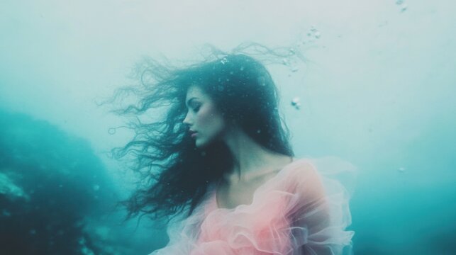 A model gracefully swims beneath the surface, her long hair and pink fabric creating a captivating visual amidst the tranquil blue water