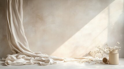 Soft Pastel Vintage Setup with Draped Fabric and Flowers in Warm Tones