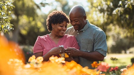Happy African American Couple Exchanging Gift in Sunny Park Romantic Outdoor Moment