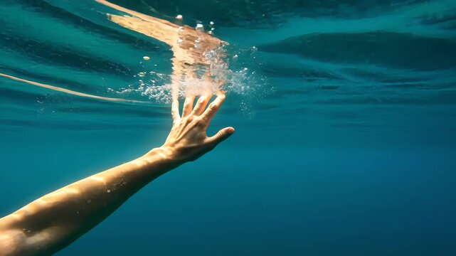 Reaching Out: Capturing the serenity and depth of a person's hand immersed in tranquil, azure water. Bubbles and gentle light create an ethereal underwater tableau. 