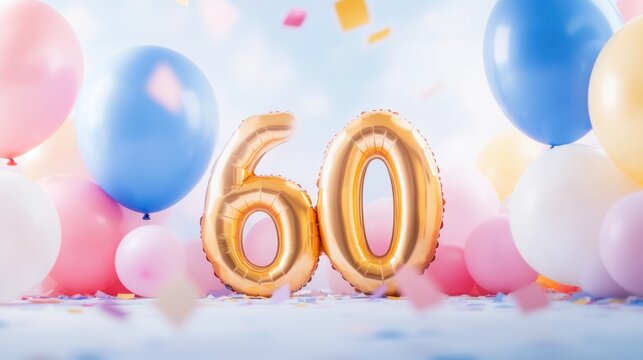 Colorful balloons and golden decorations create a joyful setting to commemorate a special 60th birthday celebration surrounded by confetti