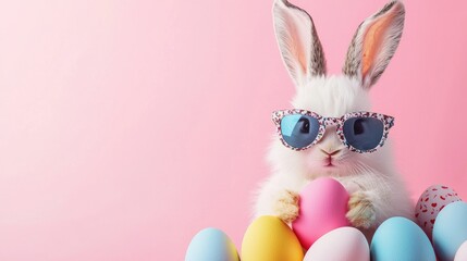 Charming Easter bunny in floral sunglasses holding a pink egg among pastel eggs on a pink background with space for text. Ideal for spring ads, cards, and playful promotions