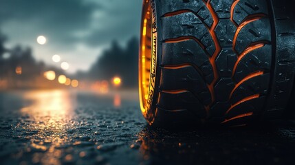 car tire with detailed treads, showcasing its superior grip and wear resistance against a dark, smooth asphalt road