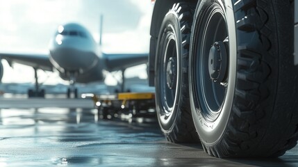 aircraft towing vehicle's wheels and tow bar, with a large airplane being towed in the background of the airport apron.
