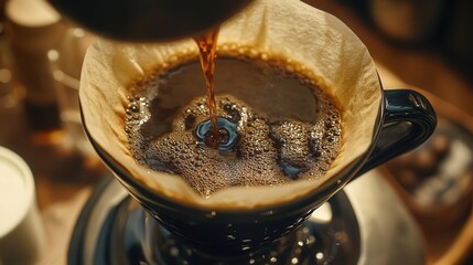 coffee being brewed, with a focused shot of the rich, dark liquid flowing smoothly out of the brewing rod and filling the cup below.