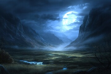 Fototapeta premium moonlit valley with its ethereal glow dancing shadows and enigmatic tranquility