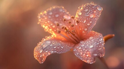 Dew Kissed Peach Blossom Close up Macro Photography of Flower Petals with Water Droplets at Sunrise