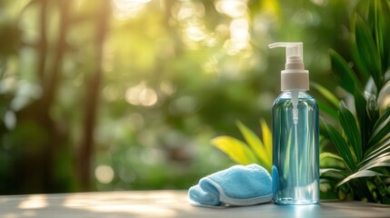 hand sanitizer and a face mask rest on a table with a backdrop of blurred greenery