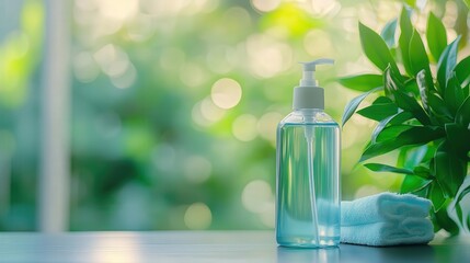 hand sanitizer and a face mask rest on a table with a backdrop of blurred greenery