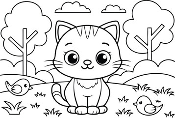 Cartoon Cat Outline with Birds, Trees, and Clouds on White Background