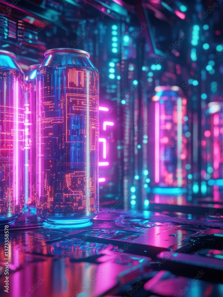 Aufkleber futuristic energy drink display with neon reflections in a cyberpunk environment