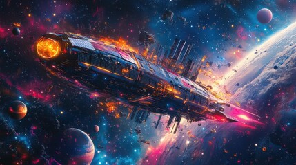 Fototapeta premium A vibrant spaceship travels through a colorful cosmic landscape, surrounded by planets, stars, and swirling galaxies, showcasing the beauty of space exploration.