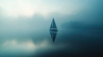solitary sailboat gliding on a fog-covered lake, with the mist adding an ethereal quality to the scene