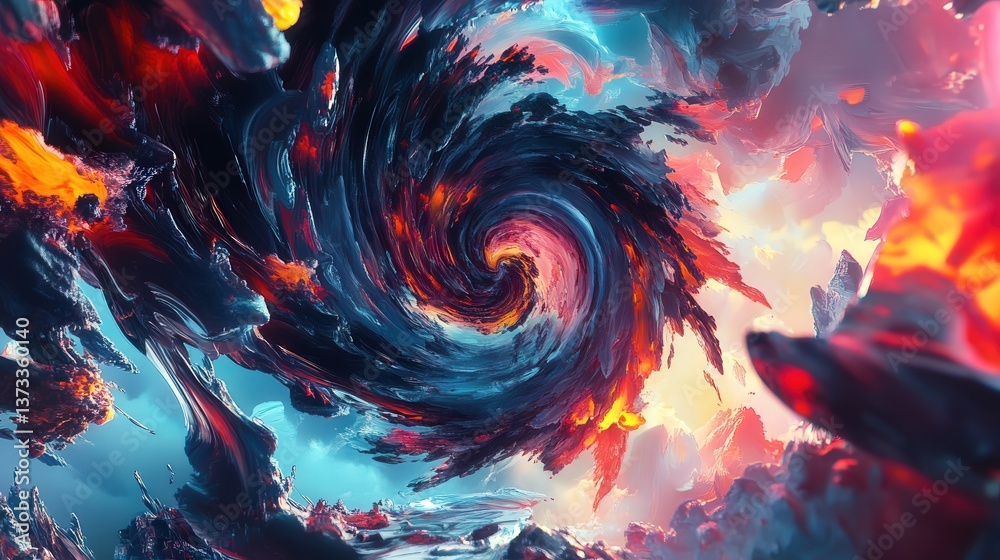 Poster dynamic abstract spiral, with layers of vibrant colors and intricate patterns that move and evolve i