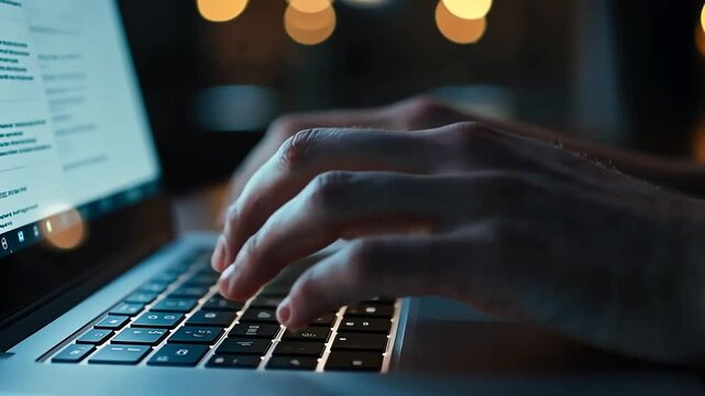 Close-Up View of Hands Typing on a Laptop Keyboard in Dim Lighting Environment
