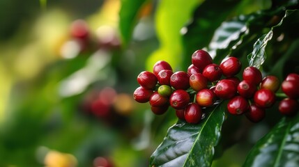 Obraz premium Civet Coffee plant with ripe coffee cherries ready for harvest, surrounded by vibrant green foliage and tropical flowers in the background