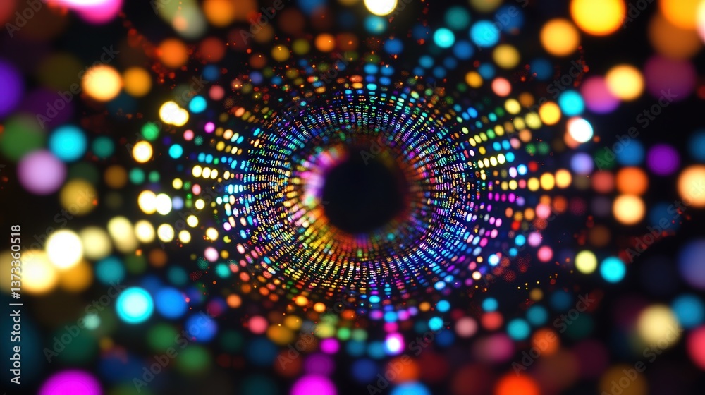 Poster rotating circle of colored dots, each changing color slowly in a seamless pattern of motion and ligh