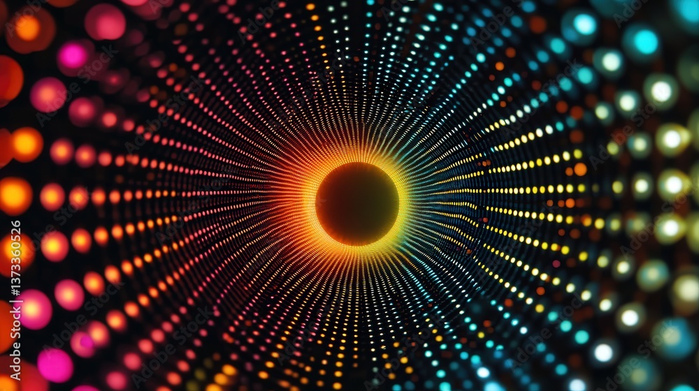 Poster rotating circle of colored dots, each changing color slowly in a seamless pattern of motion and ligh