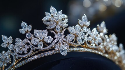 diamond crown reveals its detailed design, with brilliant-cut diamonds arranged in delicate floral motifs, exuding timeless beauty