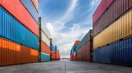 Fototapeta premium A professional photo of a shipping yard with stacks of container boxes awaiting transportation by truck, train, or ship.