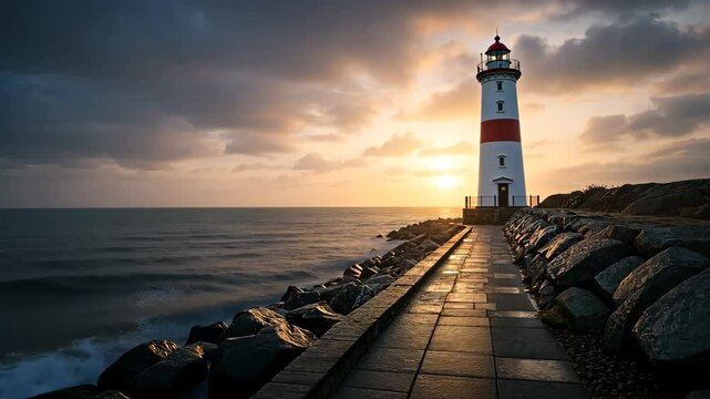 Guiding Light: A majestic lighthouse stands tall, its silhouette etched against a breathtaking sunset, casting a warm glow on the water. The scene is a study in contrasts.