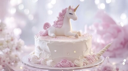 cake featuring a unicorn doll sitting gracefully on top, with delicate icing flowers and sparkling accents around the base