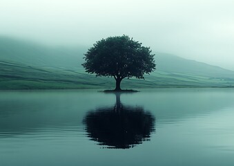 Lone Tree with Misty Lake, and Calm Reflection.