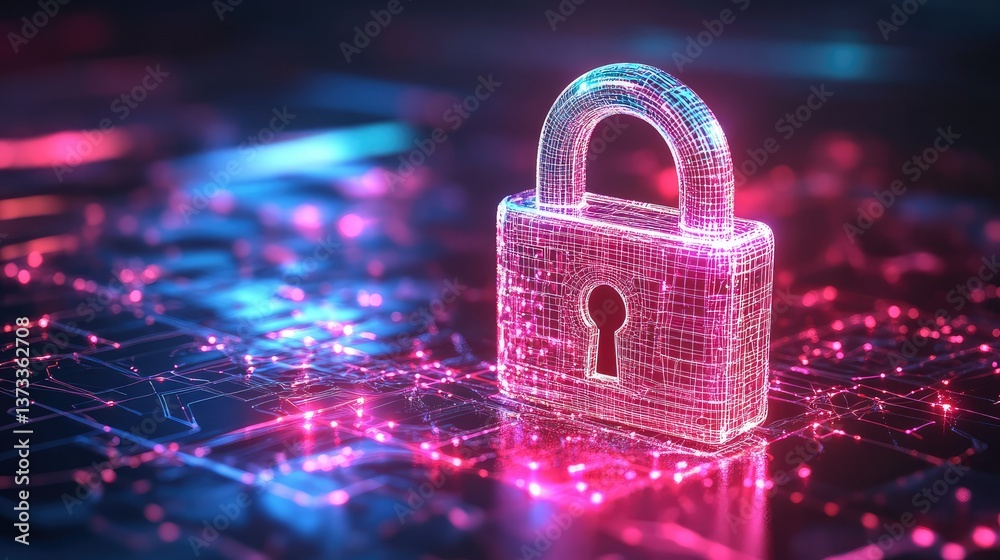 Poster d rendered digital padlock with a glowing wireframe in a secure virtual environment, clear space for