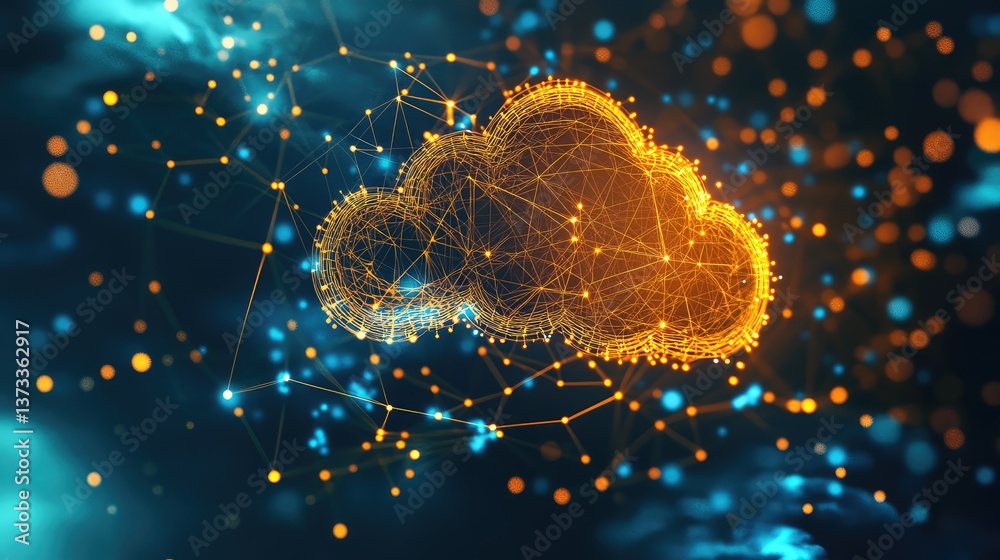 Poster abstract cloud computing concept with digital connections and glowing nodes. empty space for copy.