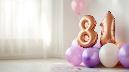 A joyful 81st birthday celebration features large metallic balloons and an array of colorful balloons scattered on the floor in a bright room