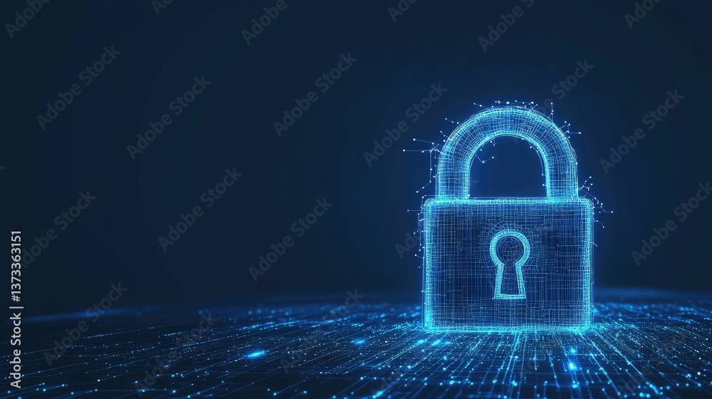 Poster abstract digital wireframe lock symbol with data protection codes in the background, ample space for