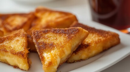 fried potato triangles, each topped with gooey grilled cheese, served on a white background with a soft drink on the side
