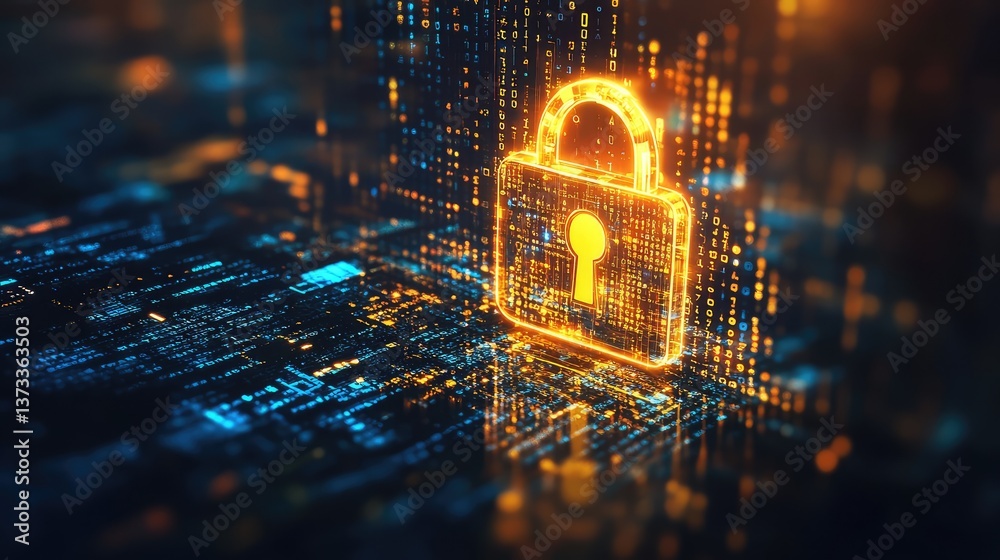 Poster abstract representation of cybersecurity with a glowing padlock and binary code background, room for